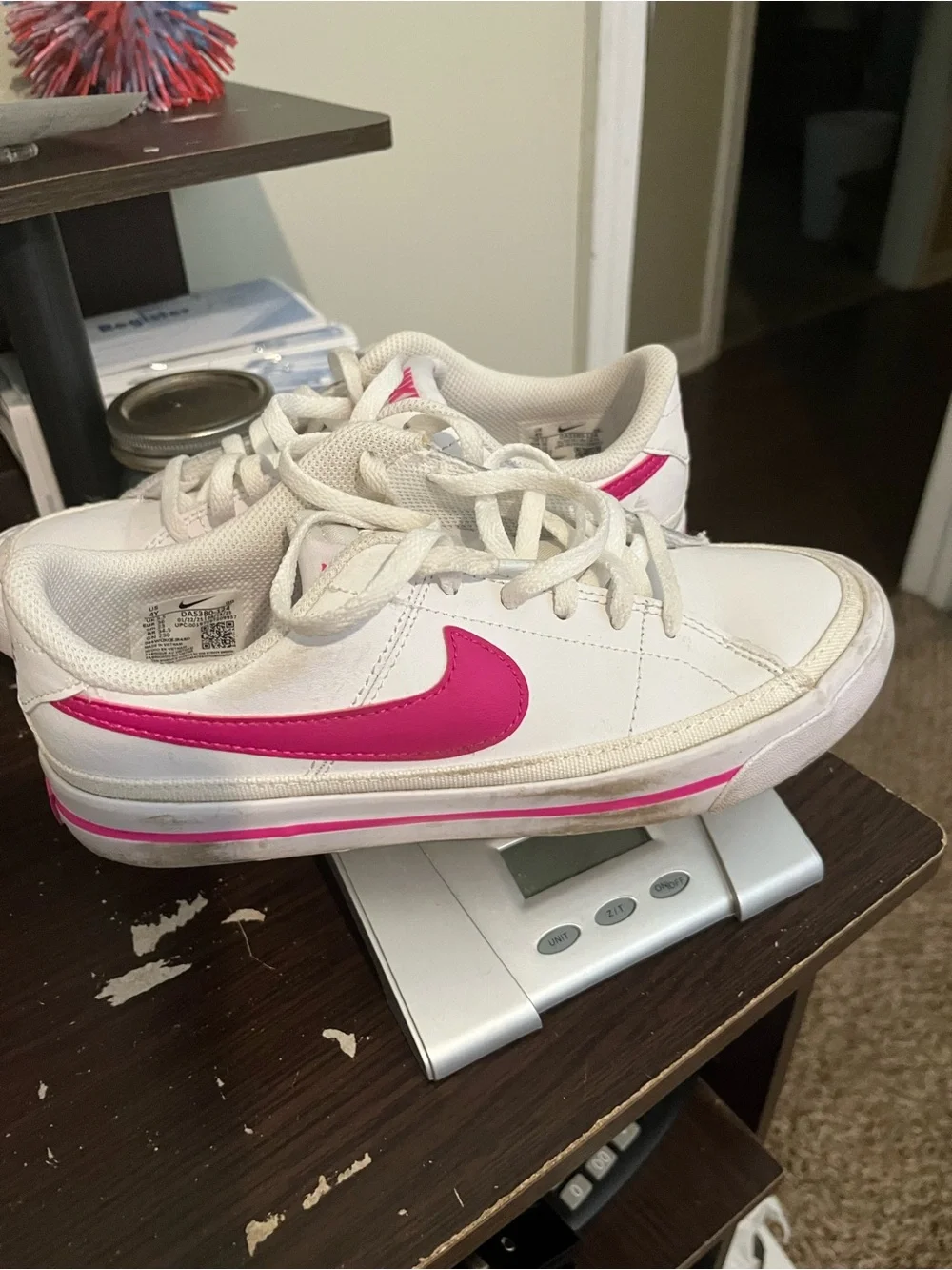Nike Kids White Sneakers with Hot Pink Swoosh